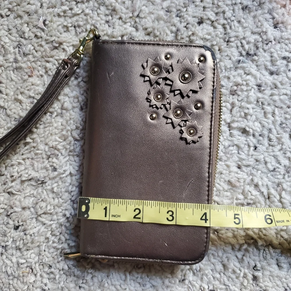 Target brown metallic flower applique clutch wallet wrist bag wristlet